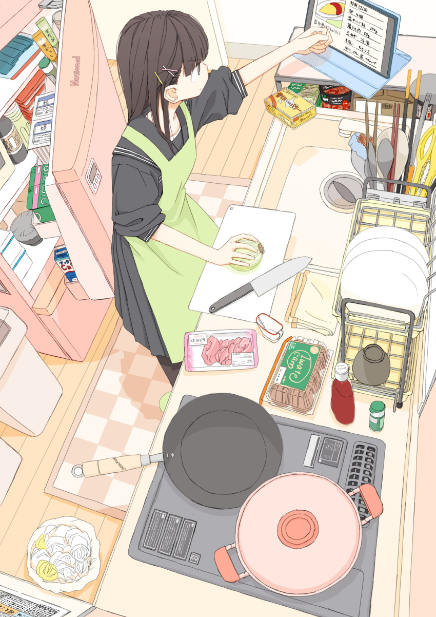 1girl, apron, bangs, black_legwear, black_sailor_collar, black_serafuku, black_shirt, black_skirt, blush, brown_eyes, brown_hair, checkered, checkered_floor, chopsticks, closed_mouth, commentary_request, cooking, cutting_board, eyebrows_visible_through_hair, faucet, food, from_above, frying_pan, green_apron, hair_ornament, hairclip, highres, holding, holding_food, indoors, kitchen, knife, long_hair, meat, onion, original, pantyhose, plate, pot, profile, recipe_(object), refrigerator, sailor_collar, school_uniform, serafuku, shirt, skirt, sleeves_pushed_up, solo, spoon, standing, tablet_pc, trash_can, usui_harusame, v-shaped_eyebrows, wooden_floor, x_hair_ornament