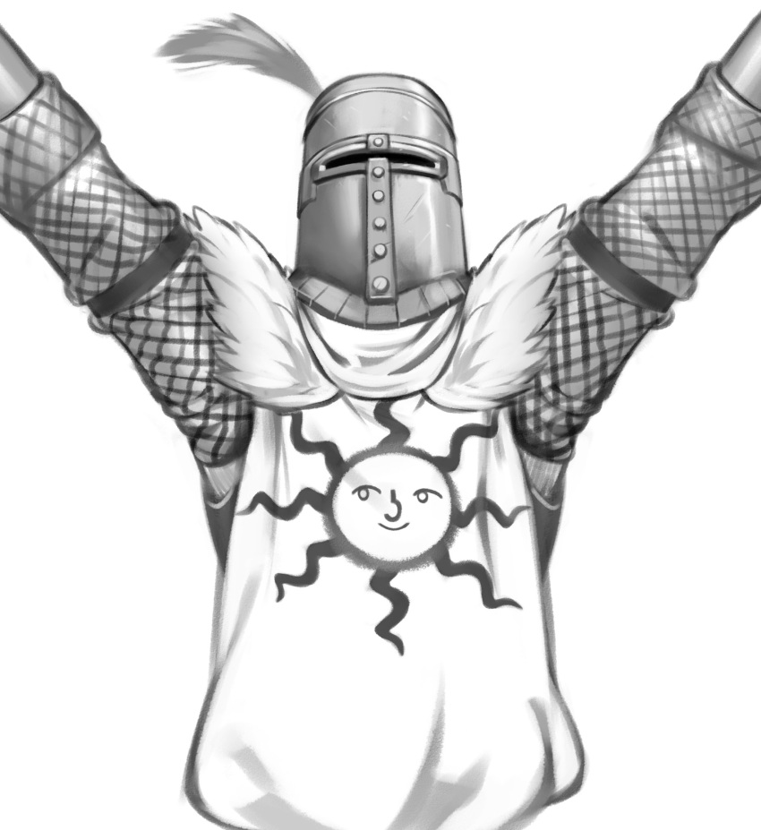 1boy, armor, arms_up, chainmail, dark_souls, full_armor, greyscale, helmet, highres, kelvin_hiu, knight, lenny_face, male_focus, monochrome, plume, pose, praise_the_sun, solaire_of_astora, solo, souls_(from_software), tabard, visor_(armor)