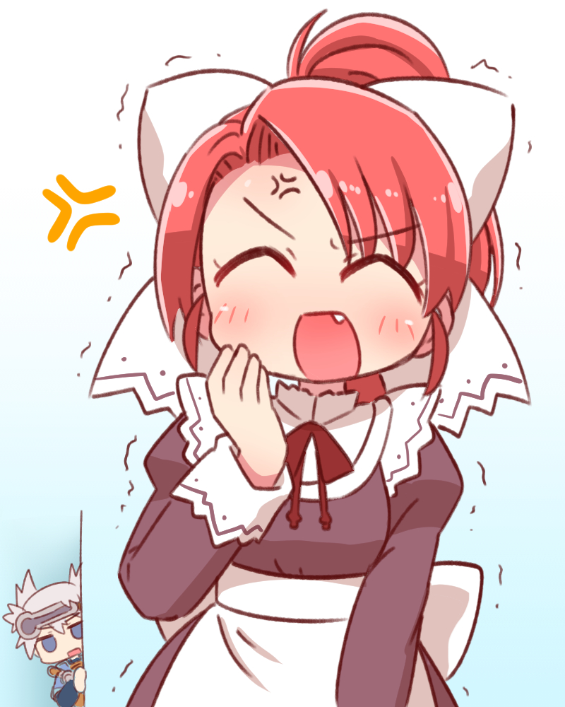1boy, 1girl, :d, ^_^, anger_vein, apron, bangs, black_dress