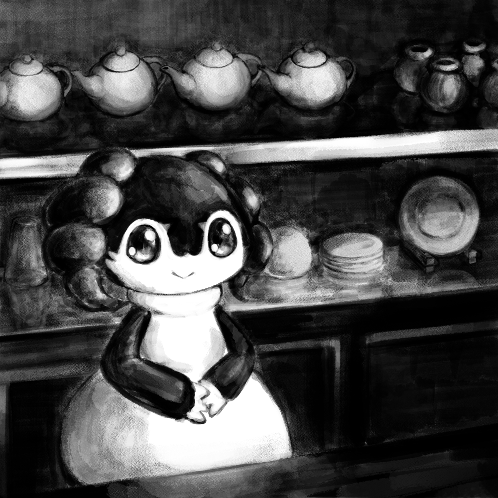 closed_mouth, commentary_request, creature, gen_8_pokemon, greyscale, indeedee, indeedee_(female), indoors