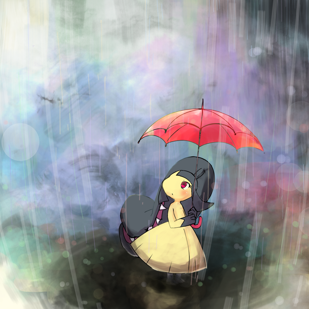 commentary_request, creature, full_body, gen_3_pokemon, holding, holding_umbrella, looking_up, mawile, nanami_marron, no_humans, outdoors, pokemon, pokemon_(creature), rain, solo, standing, umbrella, violet_eyes