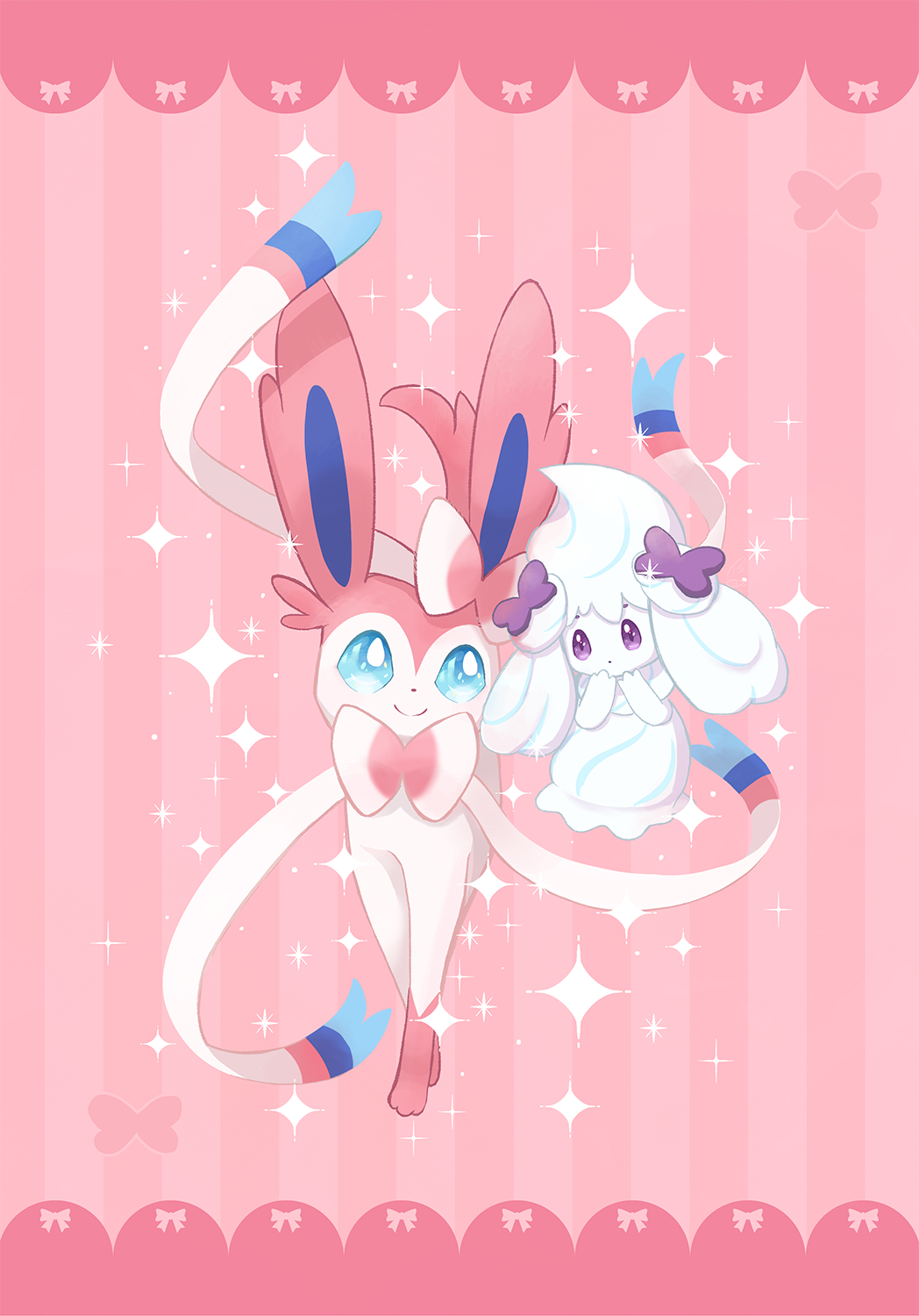 alcremie, alcremie_(ribbon_sweet), alcremie_(salted_cream), ayan_(pixiv46456904), blue_eyes, closed_mouth, commentary, creature, eye_contact, full_body, gen_6_pokemon, gen_8_pokemon, highres, looking_at_another, no_humans, pink_background, pokemon, pokemon_(creature), ribbon, smile, sparkle, striped, striped_background, sylveon, symbol_commentary, trait_connection, violet_eyes