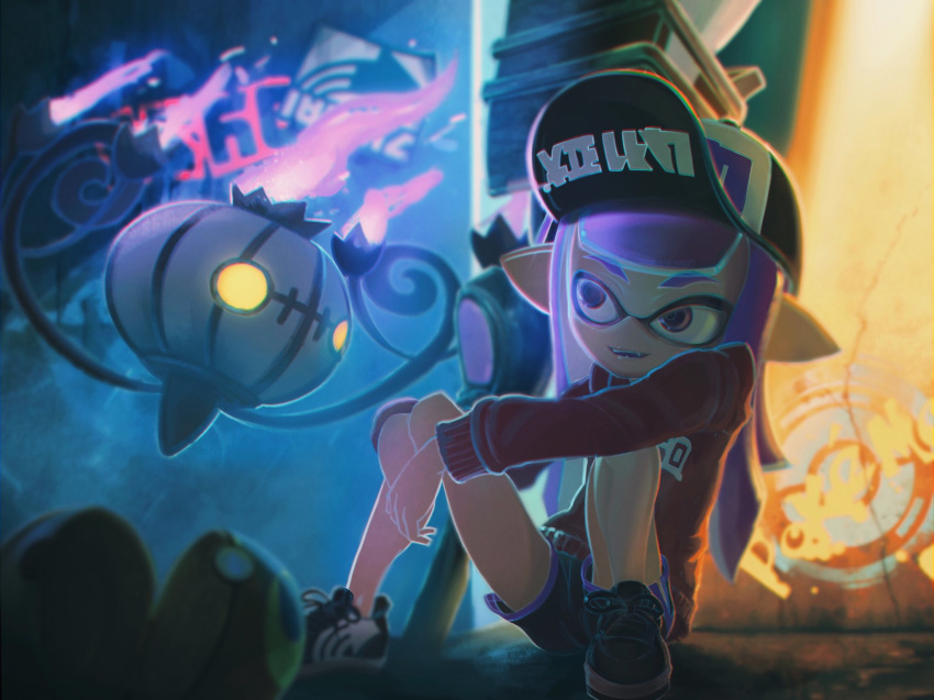 1girl, baseball_cap, chandelure, commentary_request, creature, dark, eye_contact, floating, gen_5_pokemon, hat, hidari_denbu, highres, inkling, looking_at_another, nintendo, pokemon, pokemon_(creature), purple_hair, shoelaces, shoes, shorts, sitting, sitting_on_ground, sneakers, splatoon_(series), violet_eyes, yellow_eyes