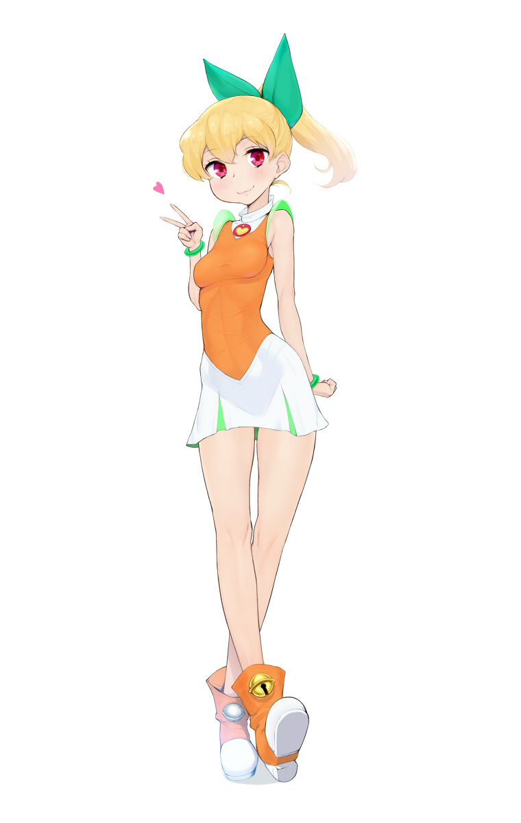 1girl, :3, bell, blonde_hair, blush, boots, breasts, crossed_legs, doraemon, full_body, ginger_(doraemon), hair_ornament, hair_ribbon, heart, high_ponytail, highres, libre, looking_at_viewer, ponytail, red_eyes, ribbon, see-through, short_hair, simple_background, skirt, small_breasts, smile, solo, standing, v, white_background