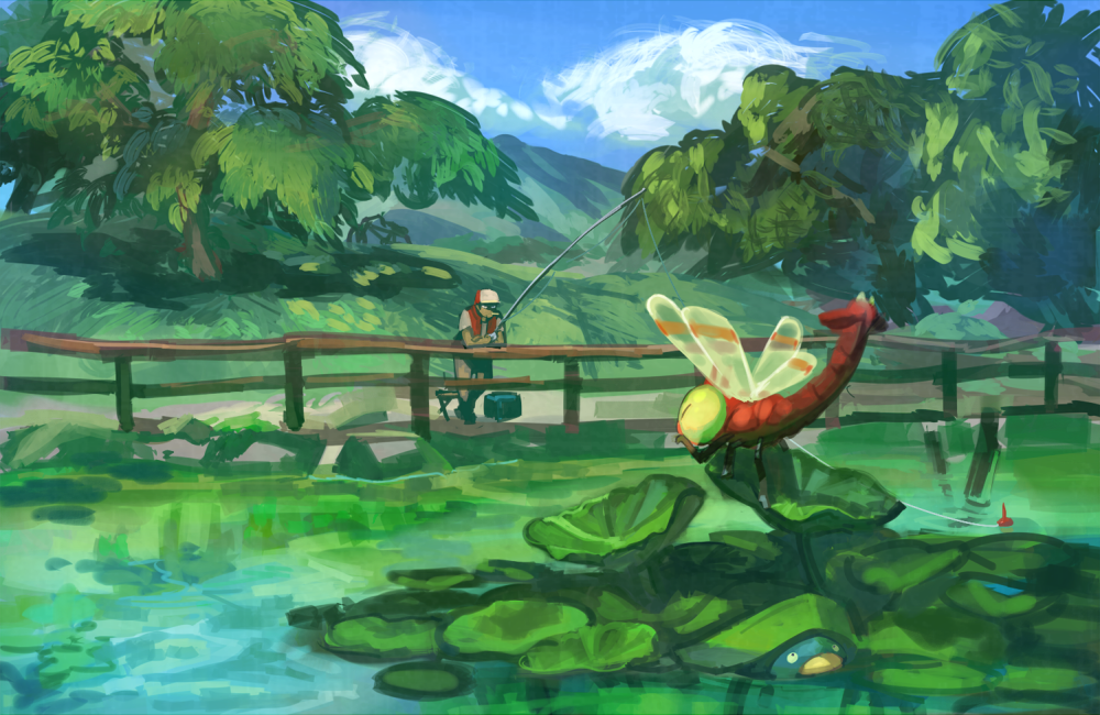 1boy, blue_sky, creature, day, fence, fisherman_(pokemon), fishing, fishing_rod