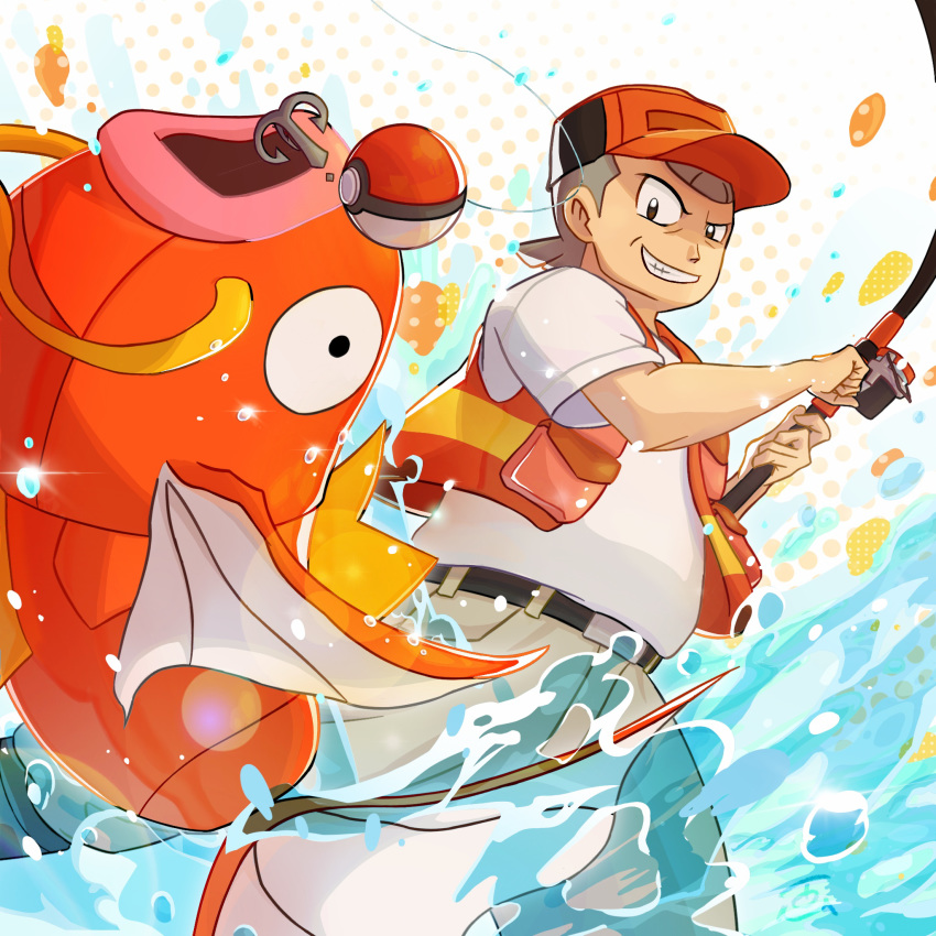 1boy, belt, black_belt, brown_eyes, creature, fish, fisherman_(pokemon), fishing