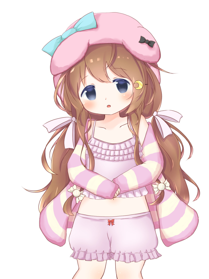 1girl, animal_ears, azur_lane, blue_eyes, brown_hair, camisole, cardigan, crescent