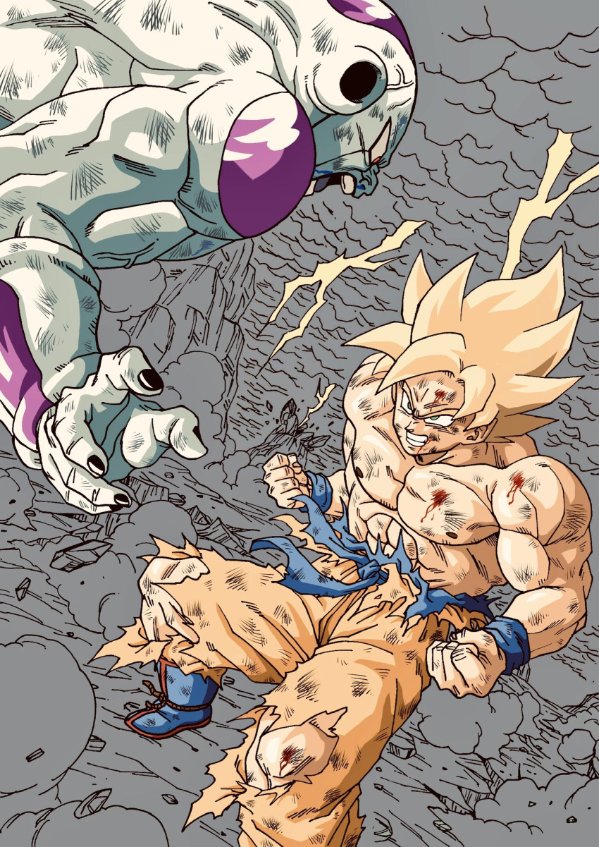 2boys, abs, anger_vein, angry, blonde_hair, blood, blood_on_face, blue_footwear