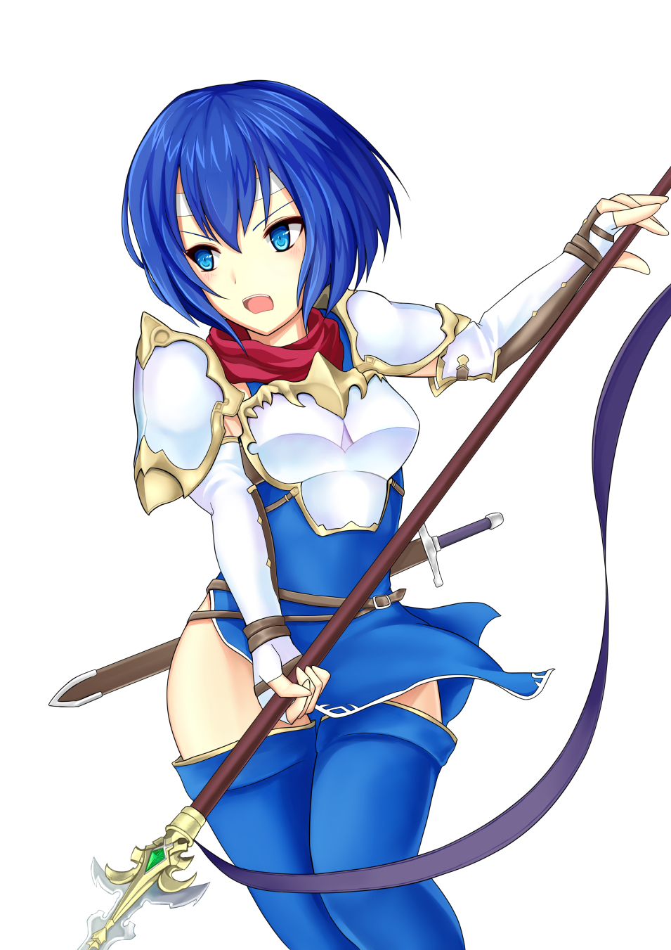 1girl, armor, blue_dress, blue_eyes, blue_hair, blue_legwear, breastplate, catria_(fire_emblem)