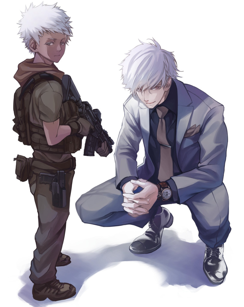2boys, assault_rifle, black_footwear, black_shirt, brown_footwear, brown_neckwear, brown_scarf, business_suit