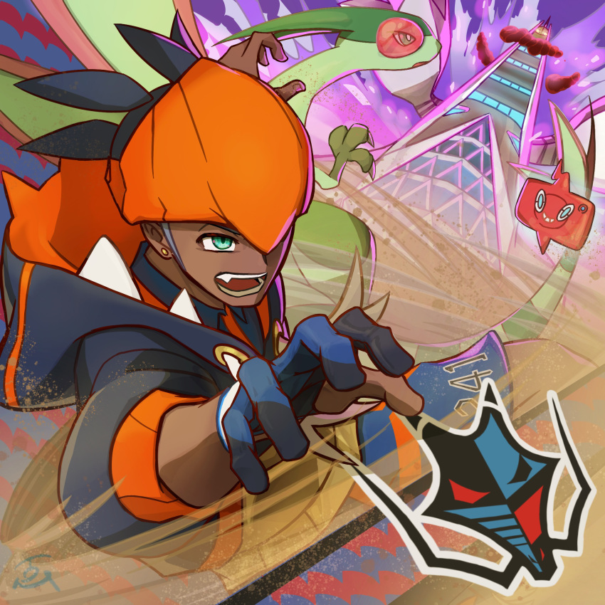 1boy, commentary_request, creature, dark_skin, dark_skinned_male, duraludon, fang, flygon, gen_3_pokemon, gen_4_pokemon, gen_8_pokemon, gigantamax, gigantamax_duraludon, green_eyes, highres, kibana_(pokemon), male_focus, pokemon, pokemon_(creature), pokemon_(game), pokemon_swsh, rotom, rotom_phone, shorts, tom_(pixiv10026189)
