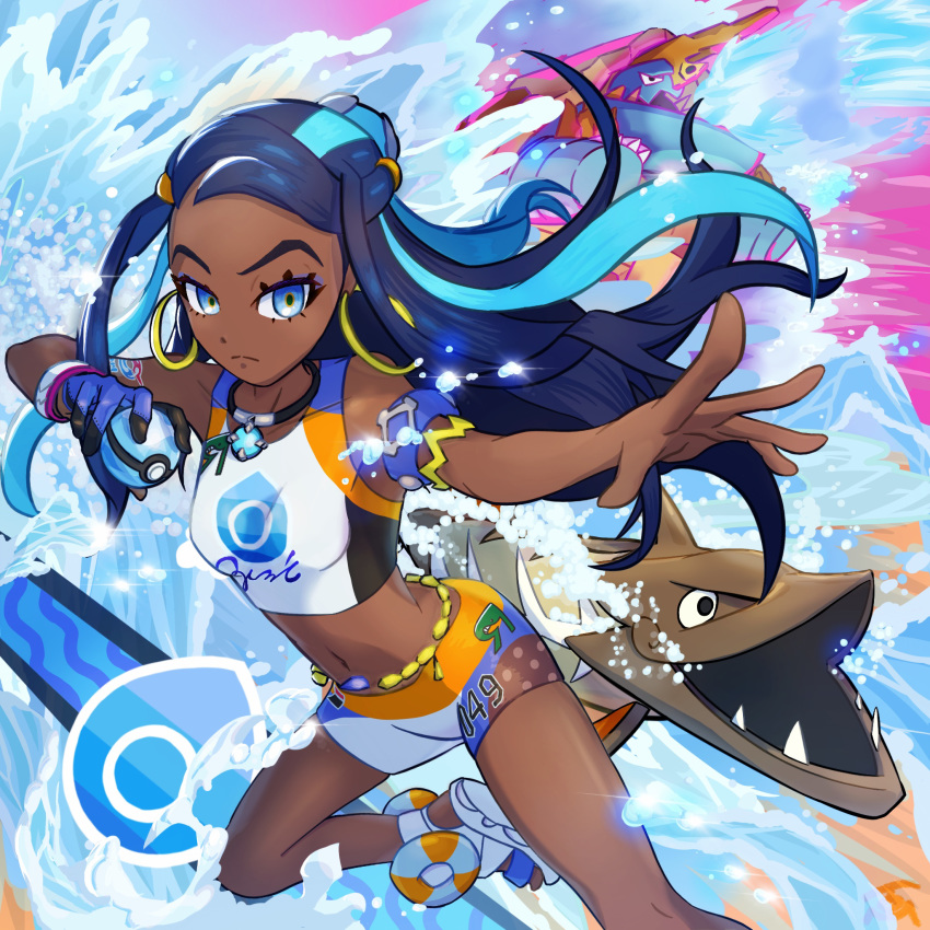 1girl, arrokuda, black_eyes, blue_eyes, blue_hair, breasts, commentary_request, dark_skin