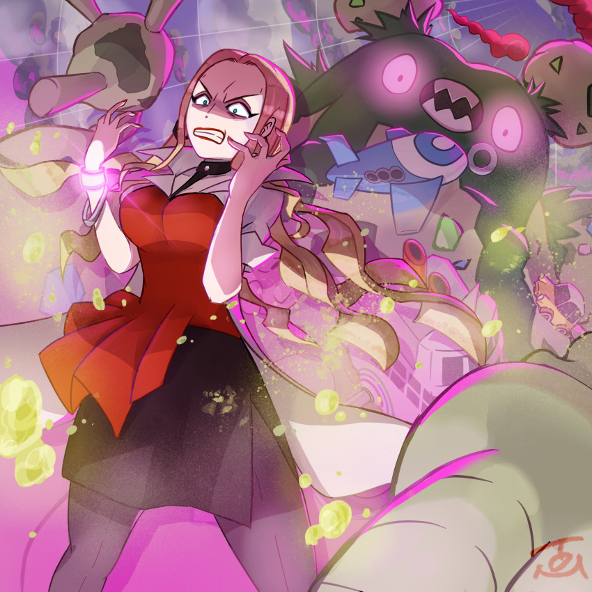1girl, angry, blonde_hair, breasts, commentary_request, garbodor, gen_5_pokemon, gigantamax