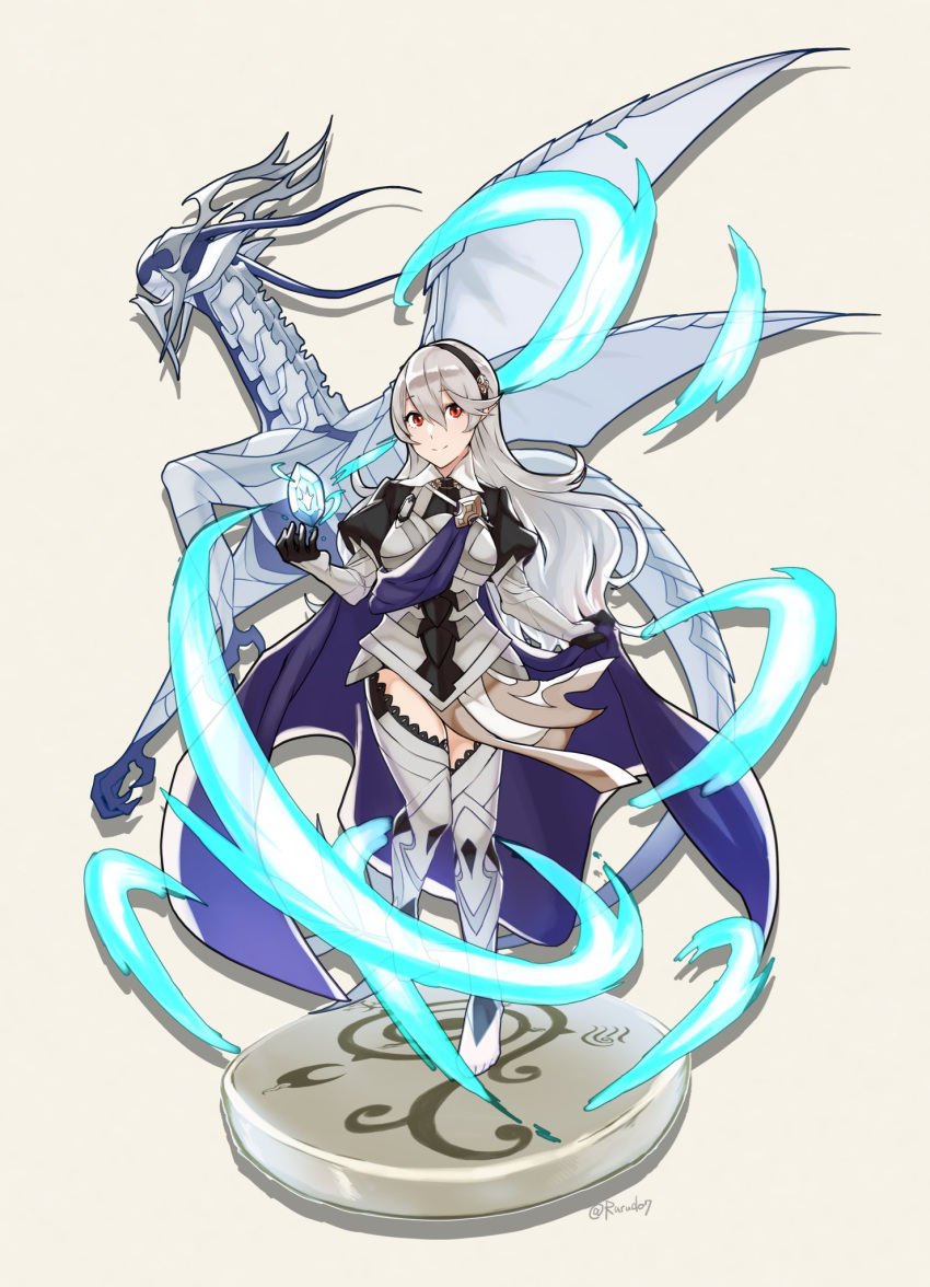 1girl, armor, black_gloves, black_hairband, blue_cape, cape, closed_mouth, corrin_(fire_emblem), corrin_(fire_emblem)_(dragon), corrin_(fire_emblem)_(female), fire_emblem, fire_emblem_fates, gloves, hairband, highres, long_hair, rarudo7, red_eyes, simple_background, smile, twitter_username, white_background, white_hair