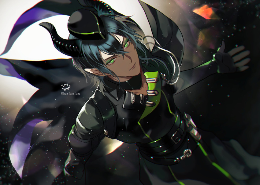 1boy, bangs, black_gloves, choker, closed_mouth, gloves, green_eyes, hair_between_eyes, hat, highres, horns, long_hair, male_focus, malleus_draconia, open_clothes, pointy_ears, sakura_hitsuji, sidelocks, solo, twisted_wonderland