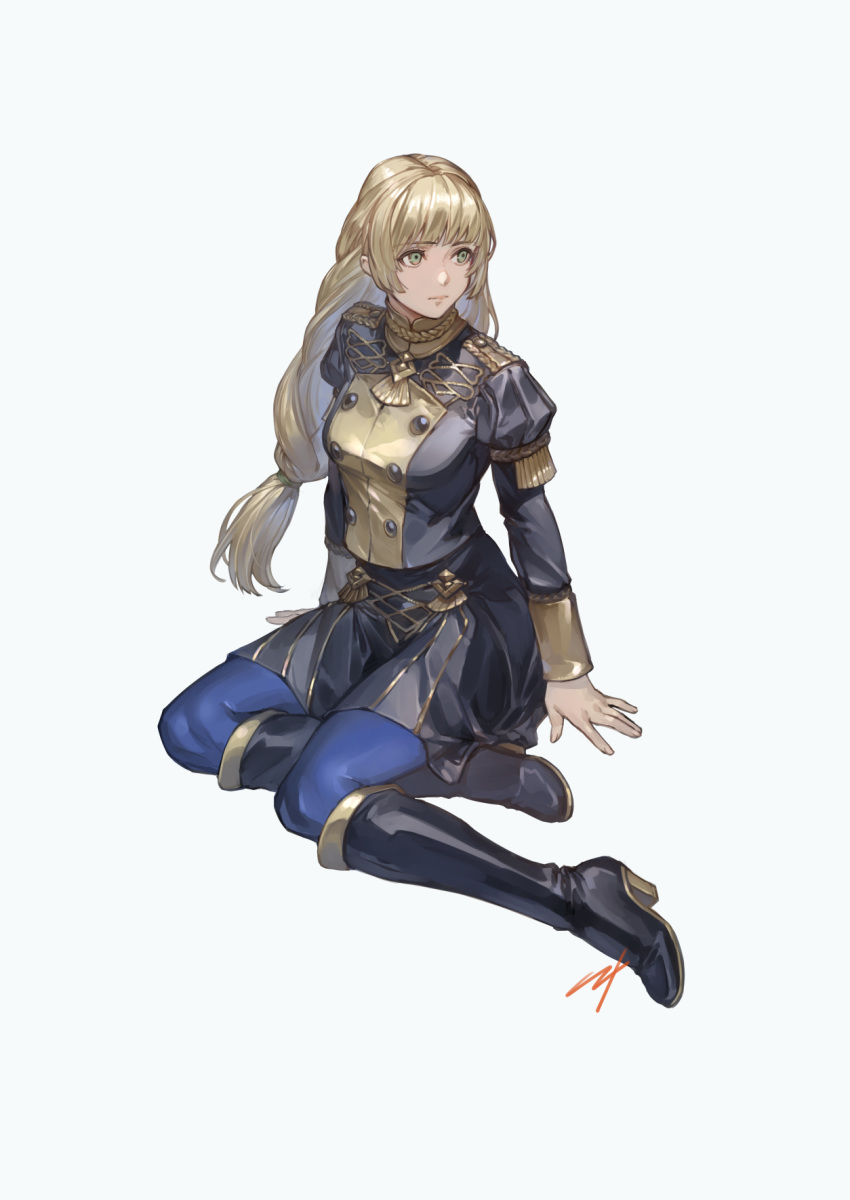 1girl, aureolin31, blonde_hair, blue_legwear, boots, closed_mouth, fire_emblem, fire_emblem:_three_houses