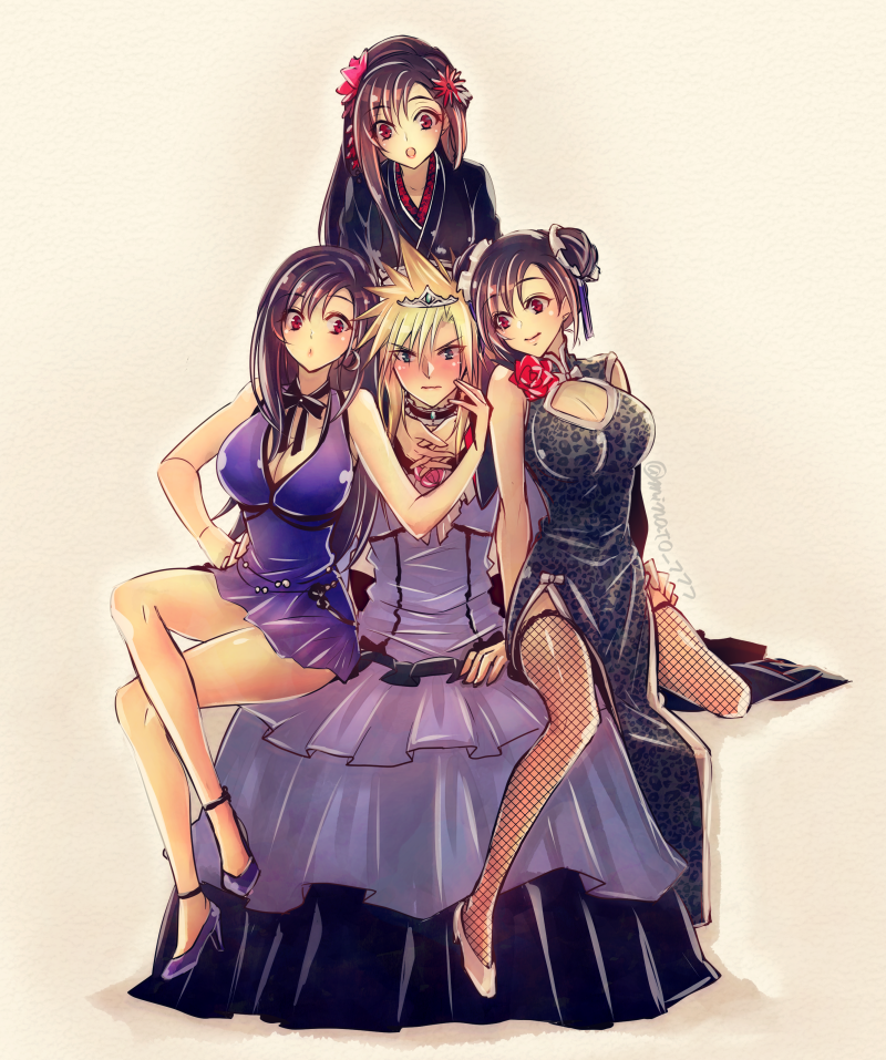1boy, 3girls, alternate_costume, alternate_hairstyle, black_hair, brown_eyes, china_dress, chinese_clothes
