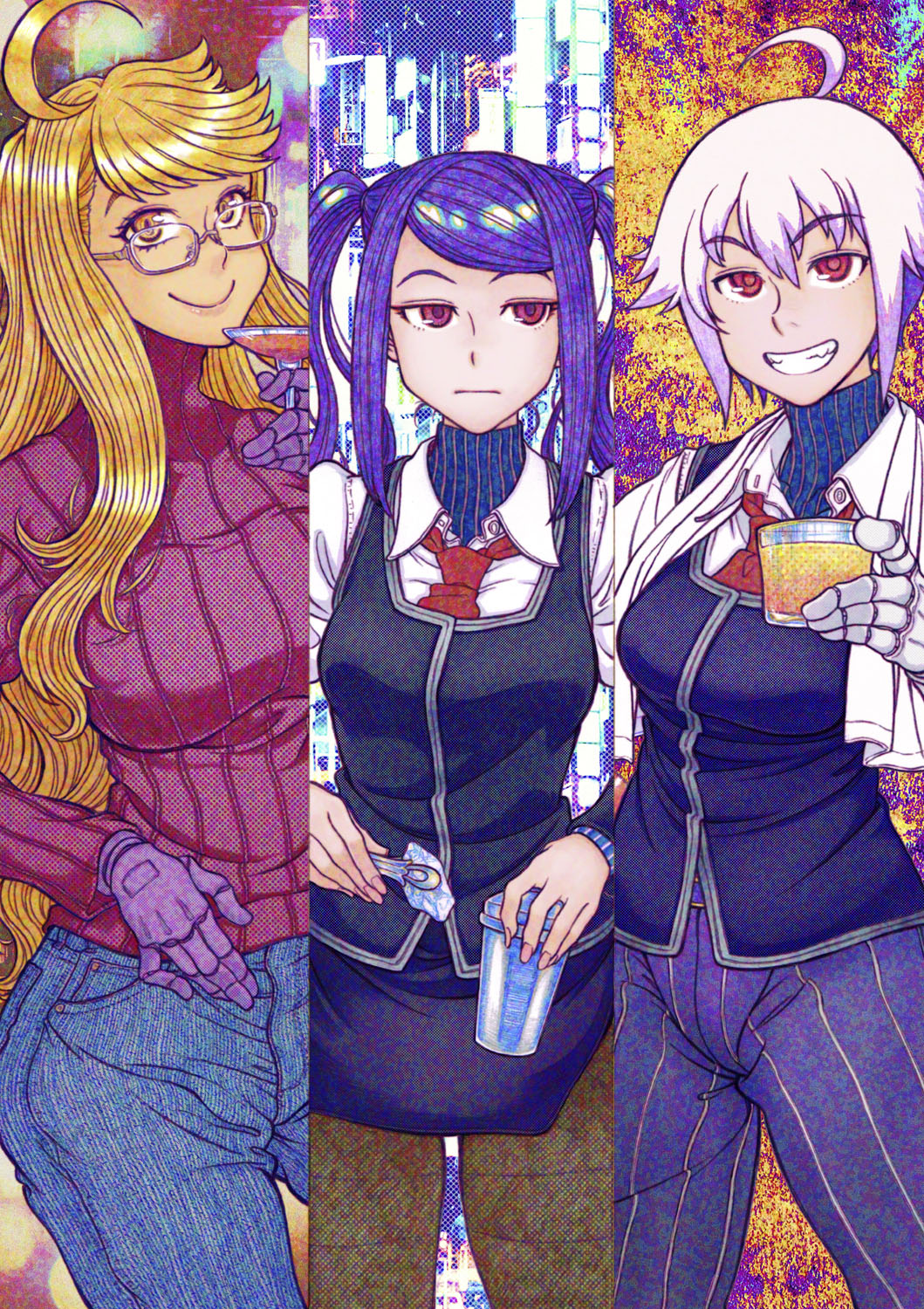3girls, ahoge, alcohol, alma_armas, dana_zane, glasses, highres, jill_stingray