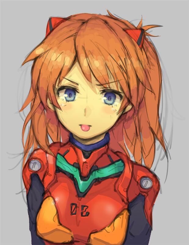 1girl, :p, blue_eyes, bodysuit, breasts, long_hair, looking_at_viewer, neon_genesis_evangelion