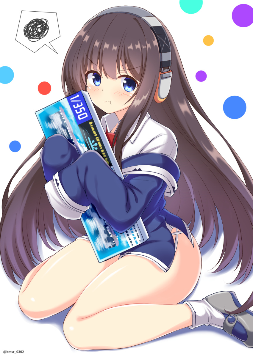 1girl, :t, azur_lane, bangs, blue_eyes, blue_jacket, blush, brown_hair