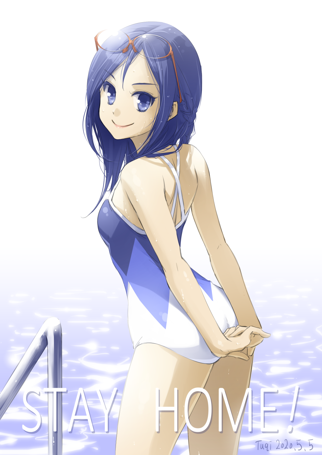 1girl, arms_behind_back, ass, blue_eyes, blue_hair, casual_one-piece_swimsuit, commentary_request, cowboy_shot