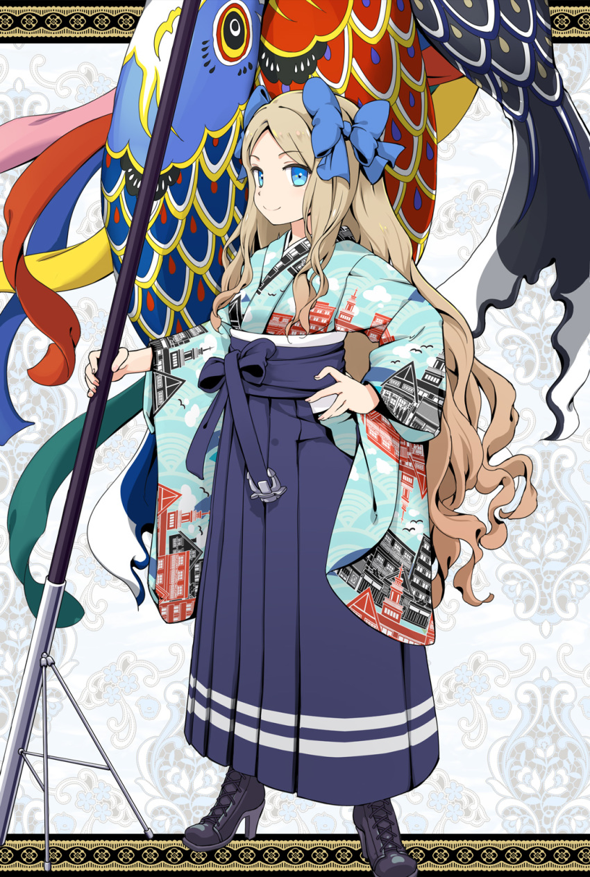 1girl, aka_ringo, asakaze_(kantai_collection), bangs, black_footwear, blue_bow, blue_eyes, blue_hakama