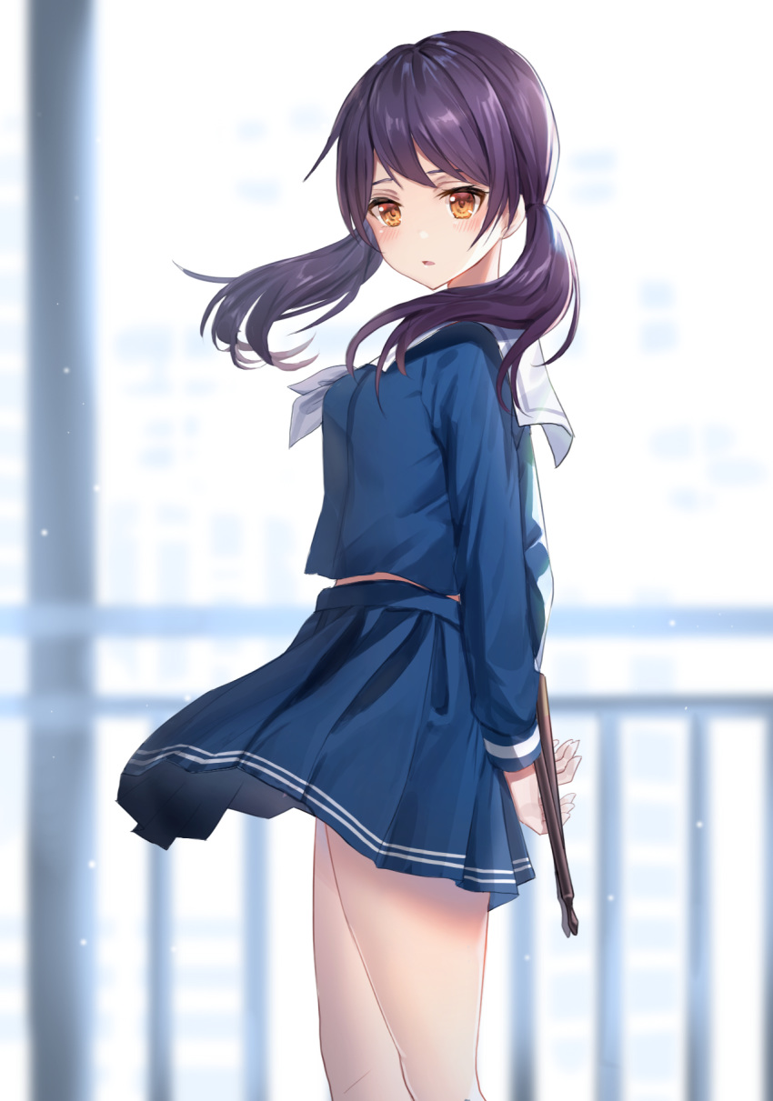 1girl, arms_behind_back, bang_dream!, bangs, bare_legs, blurry, blurry_background, blush