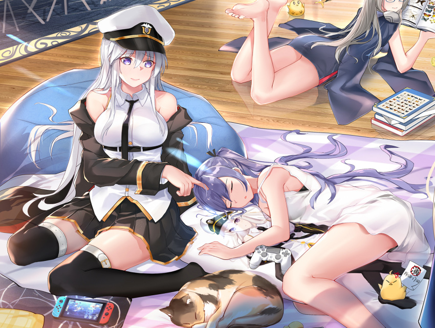 azur_lane, barefoot, belt, black_belt, black_coat, black_neckwear, coat, dakimakura, dress, dust_(394652411), enterprise_(azur_lane), essex_(azur_lane), hair_bun, hat, highres, long_hair, military_hat, necktie, nintendo_switch, open_clothes, open_coat, peaked_cap, petite, purple_hair, shangri-la_(azur_lane), shirt, side_bun, sleeveless, sleeveless_shirt, unicorn_(azur_lane), violet_eyes, white_dress, white_headwear