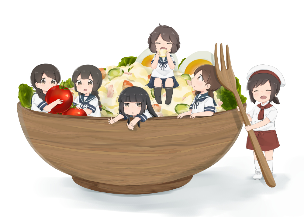 6+girls, alternate_costume, aoshima_sakana, bangs, black_hair, blush, bowl, braid, brown_hair, chef_hat, chef_uniform, closed_eyes, commentary_request, eating, egg, eyebrows_visible_through_hair, food, fork, fubuki_(kantai_collection), hat, hatsuyuki_(kantai_collection), holding, in_bowl, in_container, in_food, isonami_(kantai_collection), kantai_collection, kneehighs, long_hair, looking_at_another, looking_at_viewer, minigirl, mixing_bowl, miyuki_(kantai_collection), multiple_girls, open_mouth, oversized_object, pleated_skirt, potato_salad, sailor_collar, salad, school_uniform, serafuku, shirayuki_(kantai_collection), short_hair, short_sleeves, simple_background, sitting, skirt, smile, tomato, twin_braids, uranami_(kantai_collection), vegetable
