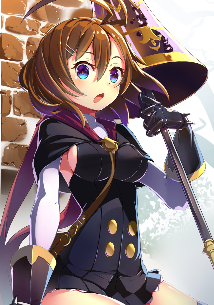 1girl, antenna_hair, aster_knight, blue_eyes, breasts, brown_hair, cape, dress, gloves, hair_ornament, hairclip, karakushi, lance, large_breasts, open_mouth, polearm, refrain_no_chika_meikyuu_to_majo_no_ryodan, short_hair, sideboob, sleeveless, solo, weapon