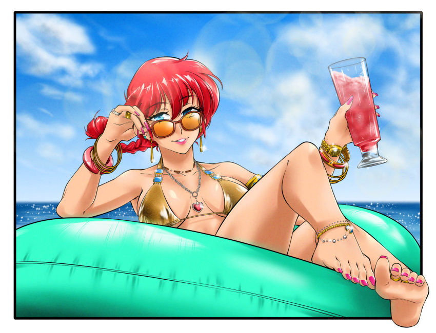 1girl, adjusting_eyewear, anklet, bangle, barefoot, bikini, blue_eyes, blue_sky