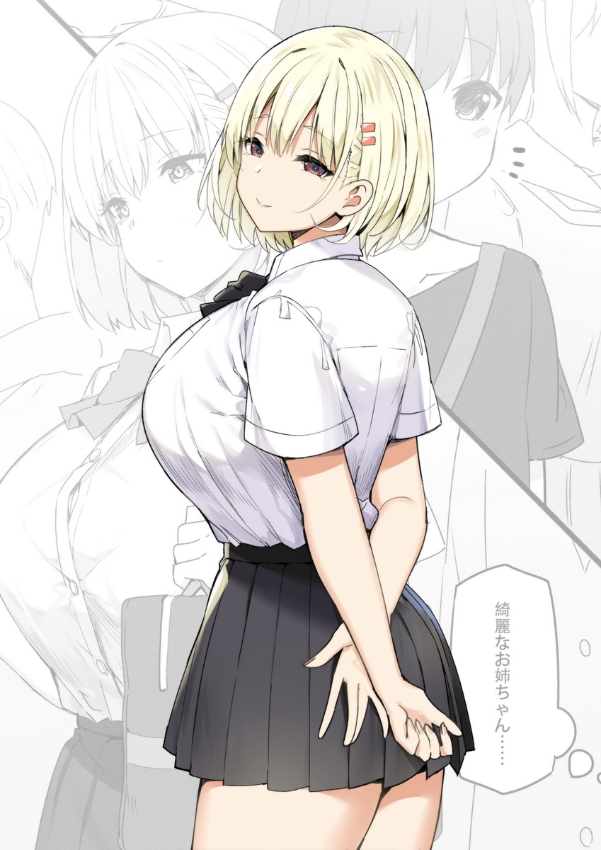 1girl, arms_behind_back, bangs, black_neckwear, black_skirt, blonde_hair, breasts, brown_eyes, commentary, cowboy_shot, eyebrows_visible_through_hair, hair_between_eyes, hair_ornament, hairclip, hairclip_onee-san_(sky_(freedom)), highres, huge_breasts, looking_at_viewer, original, pleated_skirt, school_uniform, shirt, short_hair, short_sleeves, skirt, sky_(freedom), smile, solo, tented_shirt, white_shirt