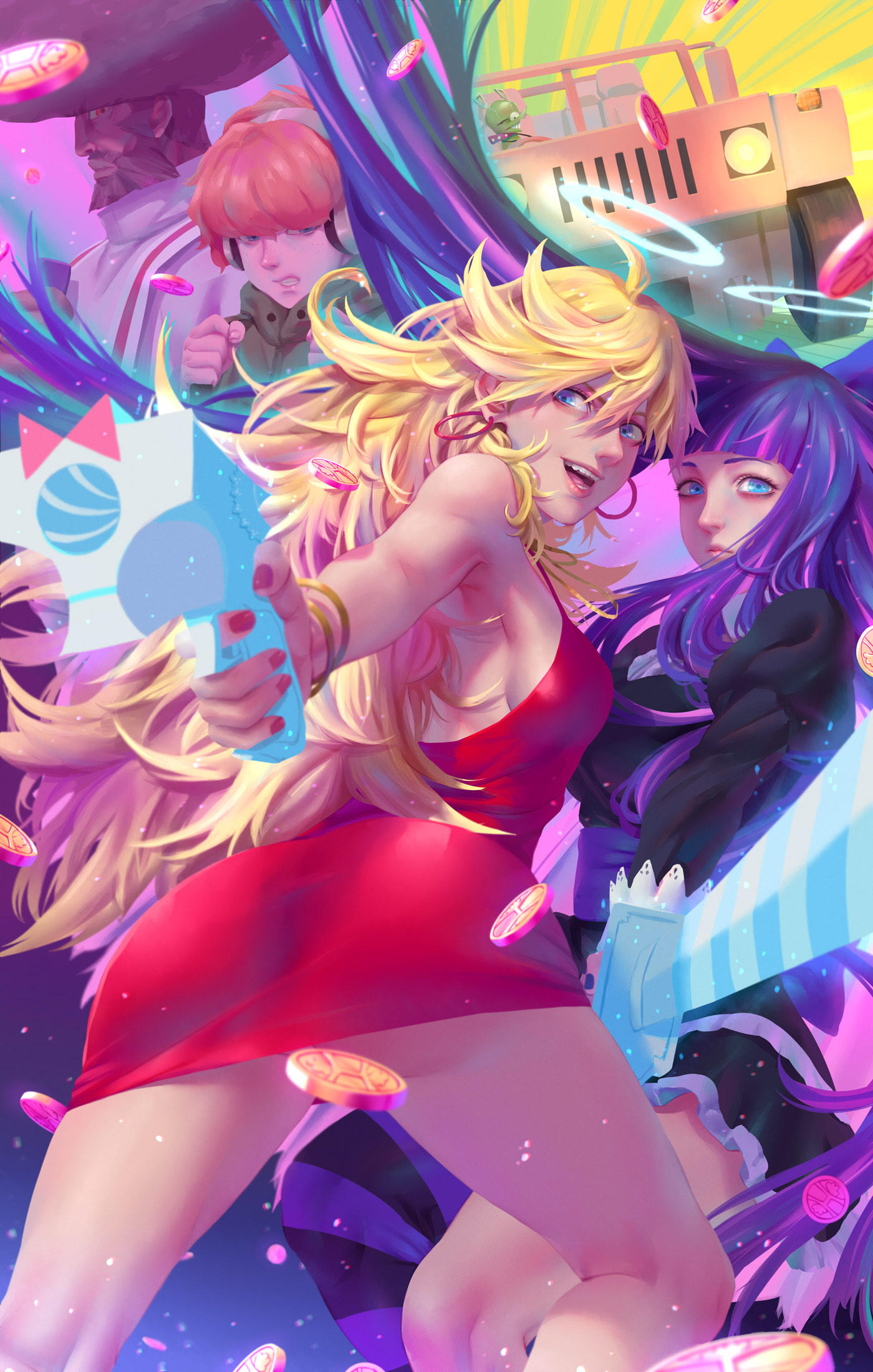 2boys, 2girls, afro, ahoge, armpits, ass, bangs, bare_arms, bare_legs, bare_shoulders, beard, black_dress, blonde_hair, blue_bow, blue_eyes, blue_nails, blunt_bangs, bow, bracelet, breasts, brief_(psg), brown_hair, car, closed_mouth, coin, collar, dark_skin, dress, earrings, facial_hair, garterbelt_(psg), ground_vehicle, gun, hair_bow, halo, headphones, highres, holding, holding_gun, holding_sword, holding_weapon, hoop_earrings, jewelry, juliet_sleeves, long_hair, long_sleeves, looking_at_viewer, looking_away, messy_hair, money, motor_vehicle, multicolored_hair, multiple_boys, multiple_girls, nail_polish, open_mouth, orange_hair, panty_&amp;_stocking_with_garterbelt, panty_(psg), puffy_sleeves, purple_hair, red_dress, red_nails, short_hair, sleeveless, sleeveless_dress, small_breasts, standing, stocking_(psg), straight_hair, sword, teeth, two-tone_hair, weapon, whoareuu