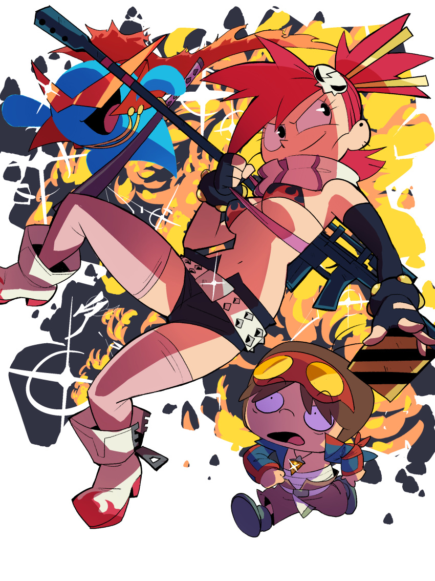 1boy, 1girl, 1other, absurdres, aetherion, anti-materiel_rifle, belt, bikini_top