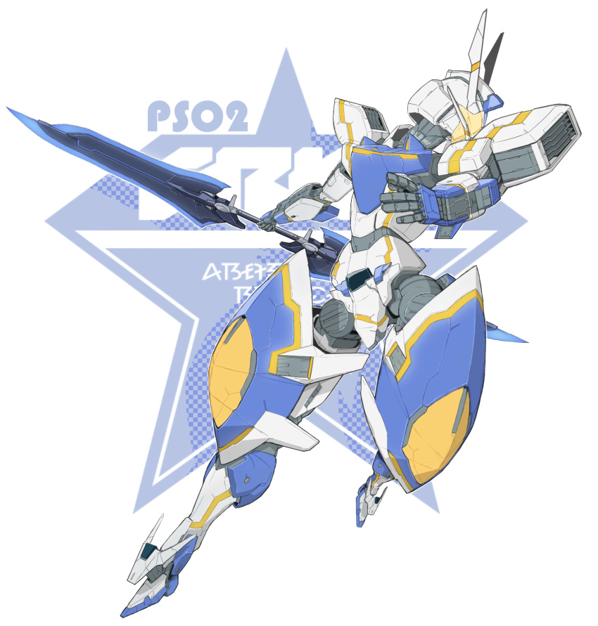 character_request, double-blade, fighting_stance, head_tilt, highres, joints, lance, mecha, open_hand, phantasy_star, phantasy_star_online, phantasy_star_online_2, polearm, robot, robot_joints, star, tatuya3363, visor, weapon