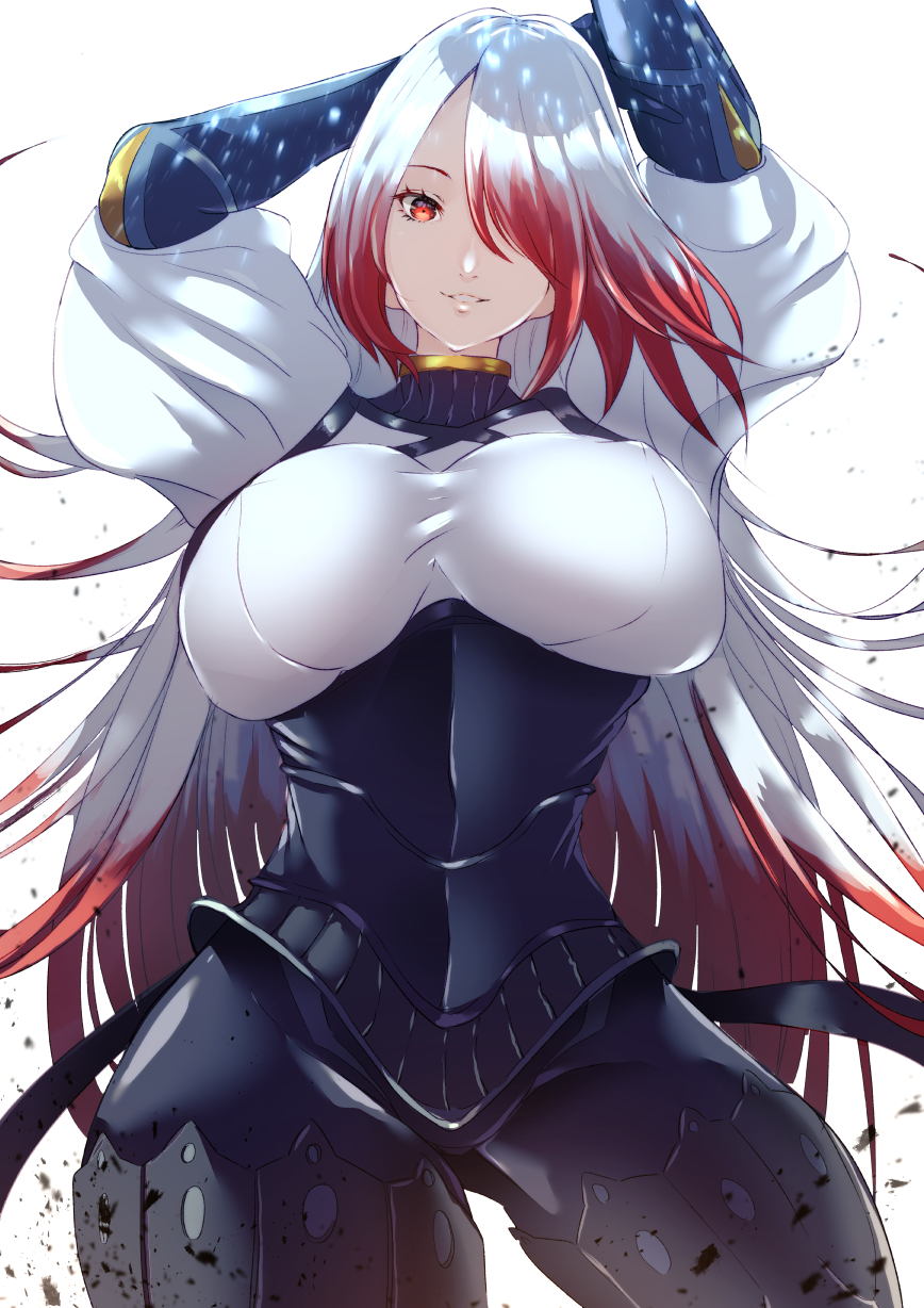 1girl, asmodeus_(megido72), corset, covered_nipples, gradient_hair, hair_over_eyes, hand_behind_head, highres