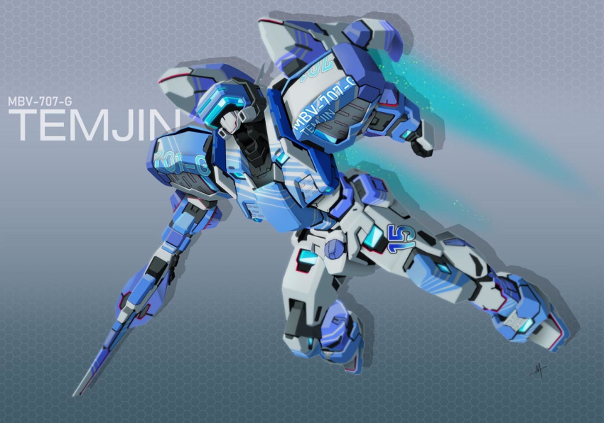 clenched_hand, flying, gradient, gradient_background, gun, holding, holding_weapon, joints
