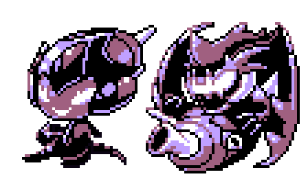 blank_eyes, commentary, creature, english_commentary, full_body, gen_7_pokemon, grin, lowres, monochrome, naganadel, no_humans, pat_attackerman, pixel_art, poipole, pokemon, pokemon_(creature), purple_theme, smile, sprite, transparent_background, ultra_beast