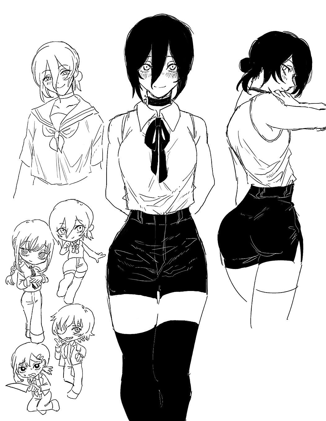 4chi, 4girls, arms_behind_back, ass, back, black_choker, black_hair, black_legwear, black_ribbon, black_shorts, blush, breasts, chainsaw_man, chibi, choker, facing_viewer, full_body, greyscale, hair_between_eyes, hand_on_own_face, hands_up, head_tilt, higashiyama_kobeni, highres, himeno_(chainsaw_man), kneehighs, looking_at_viewer, makima_(chainsaw_man), medium_breasts, medium_hair, monochrome, multiple_girls, reze_(chainsaw_man), ribbon, school_uniform, shirt, shirt_tucked_in, short_hair, shorts, sketch, small_breasts, smile, upper_body, white_shirt