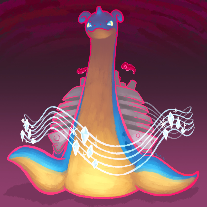 :3, blue_eyes, commentary_request, creature, full_body, gen_1_pokemon, gigantamax, gigantamax_lapras, highres, horn, lapras, looking_at_viewer, no_humans, pokemon, pokemon_(creature), purple_background, pyritie, shadow, simple_background, solo