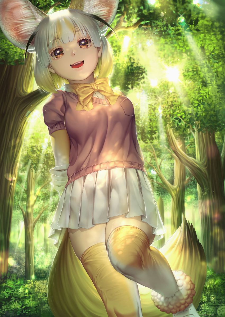 1girl, :d, absurdres, animal_ear_fluff, animal_ears, arms_behind_back, bangs, black_hair