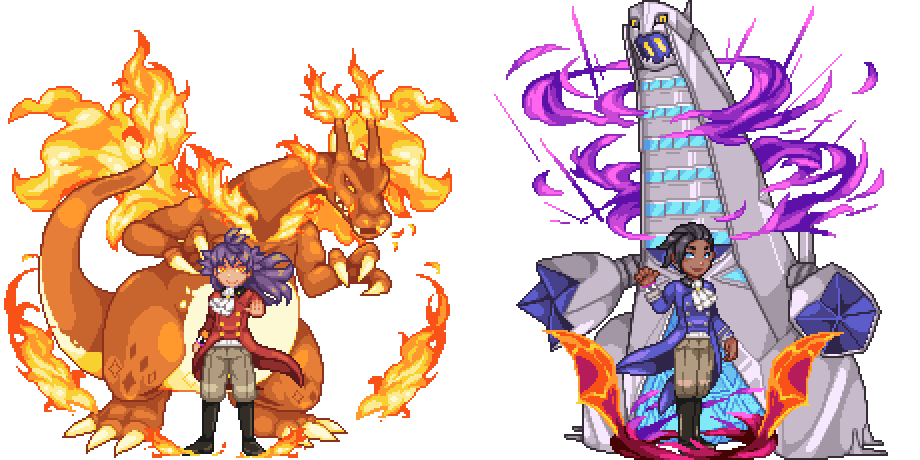 2boys, charizard, commentary_request, dande_(pokemon), dragon, duraludon, gen_1_pokemon, gen_8_pokemon
