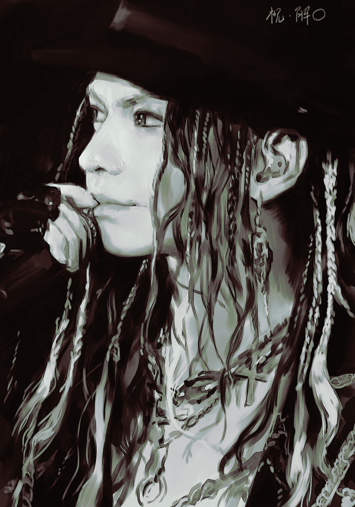 1boy, closed_mouth, fingerless_gloves, gloves, greyscale, hankuri, hat, hyde_(l'arc~en~ciel)