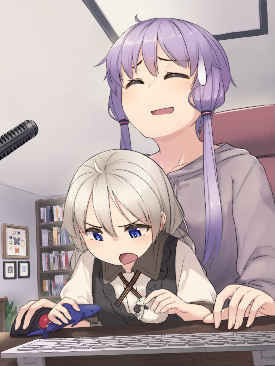 2girls, black_dress, bookshelf, chair, child, closed_eyes, commentary, dress