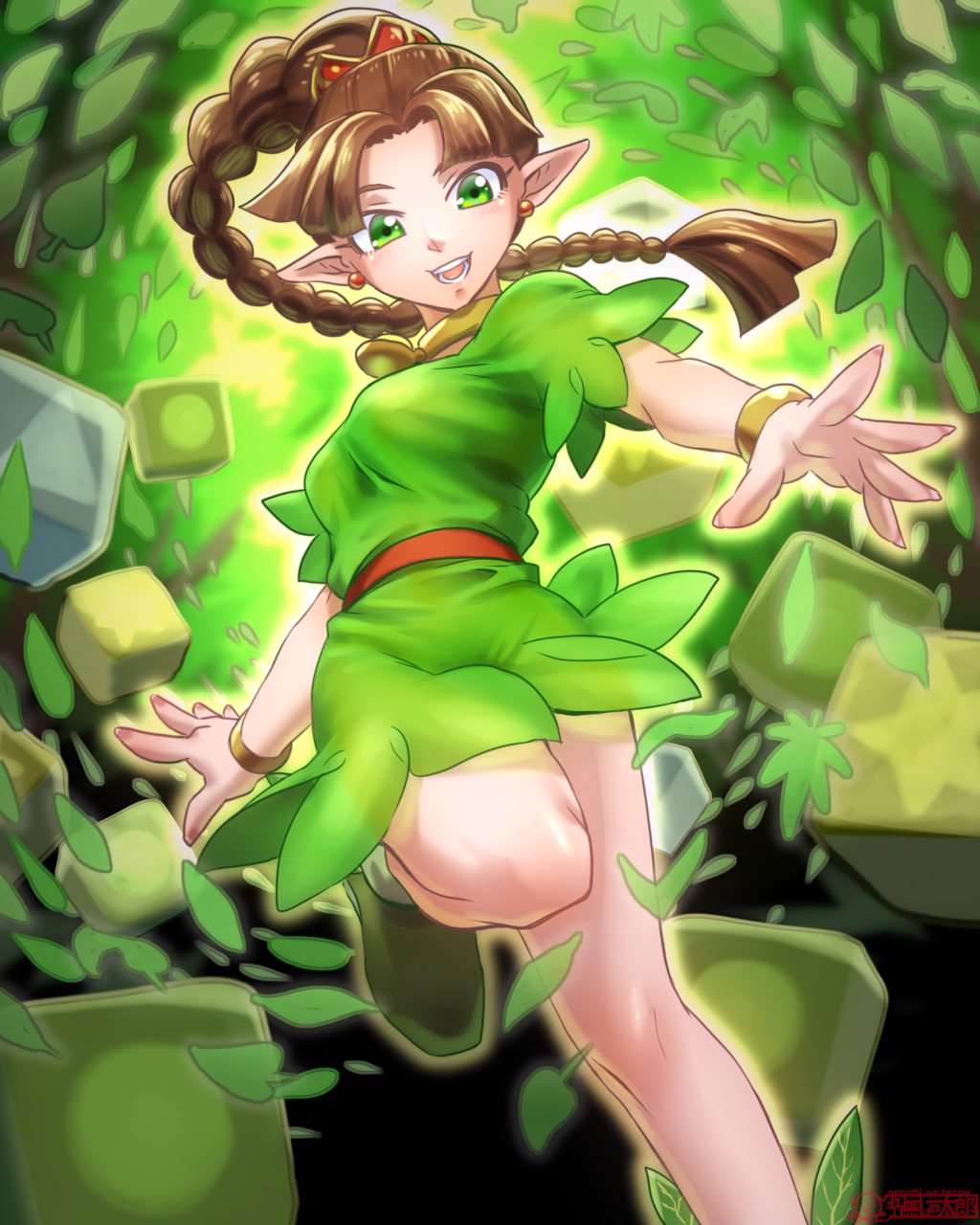 1girl, braid, breasts, brown_hair, dress, green_eyes, green_skirt, highres