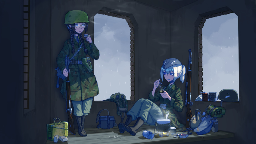 ammunition_pouch, belt, binoculars, blonde_hair, blue_eyes, bolt_action, boots, canteen