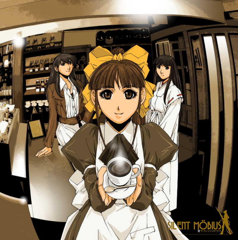 3girls, bangs, black_hair, brown_eyes, cafe, coffee, fisheye, hair_ribbon
