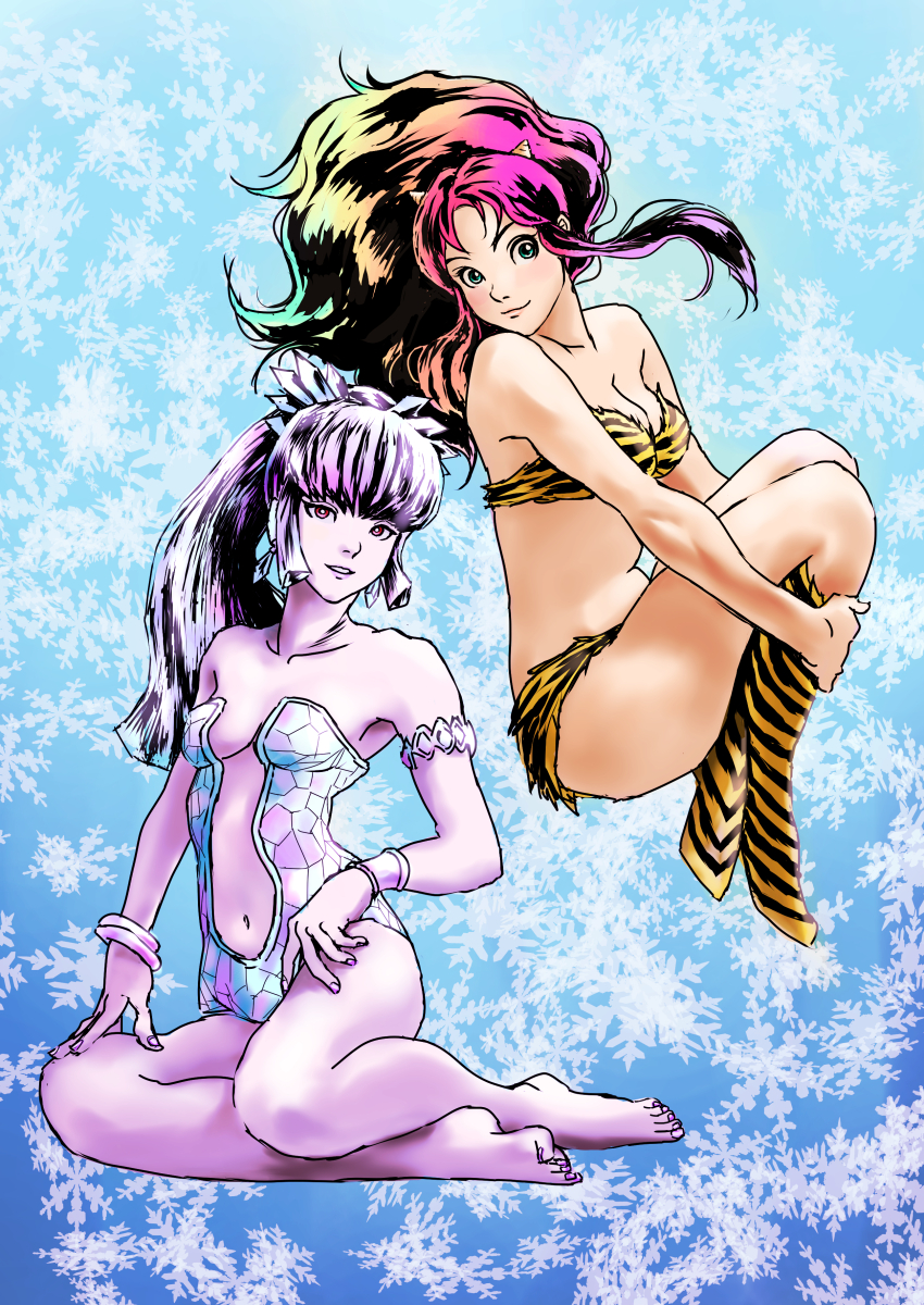 2girls, alien, animal_print, barefoot, gradient_hair, green_eyes, hand_on_own_thigh, highres