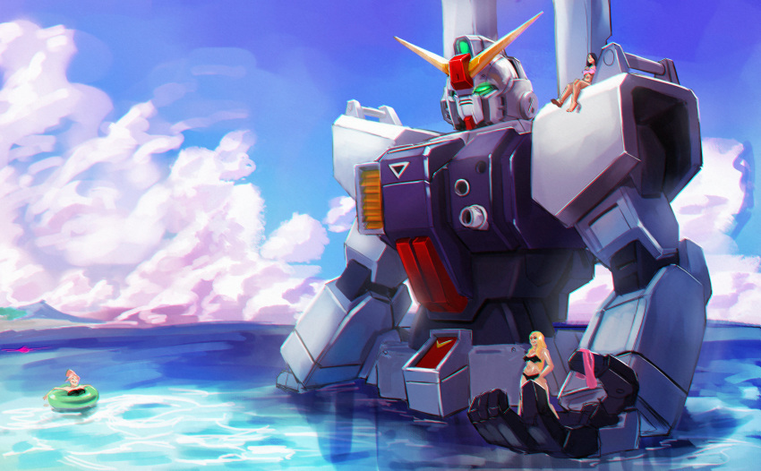 3girls, absurdres, beach, bikini, blonde_hair, clouds, cosmikaizer, english_commentary