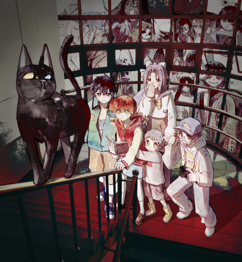 2girls, 3boys, amanojaku_(gakkou_no_kaidan), aoyama_hajime, black_hair, blue_sclera, book, camera